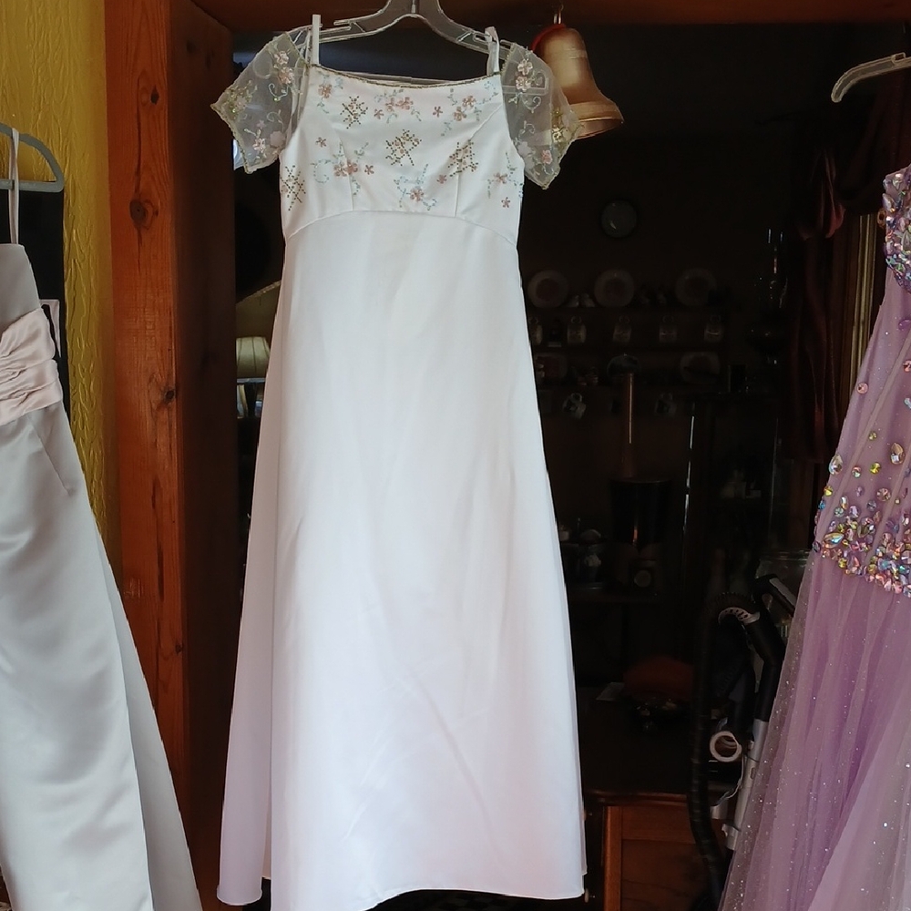 Precious Formals White Dress with Floral Sleeves